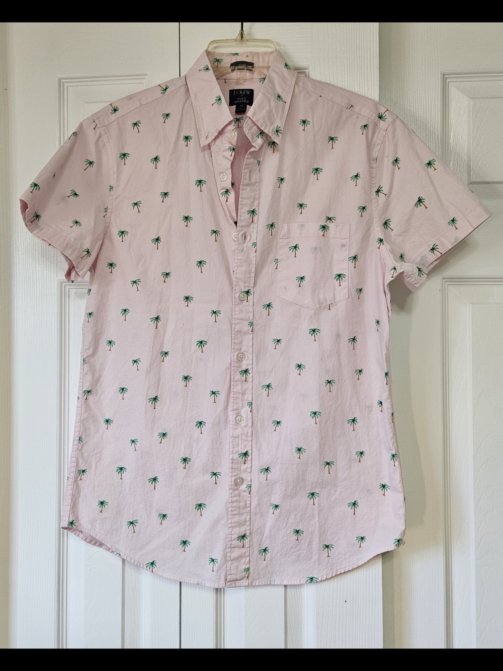 J. Crew Light Pink Short-Sleeve Button-Down with Green Palm Print